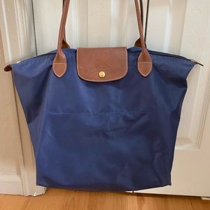 Longchamp Navy Le Pliage Large Nylon Long Handle Tote